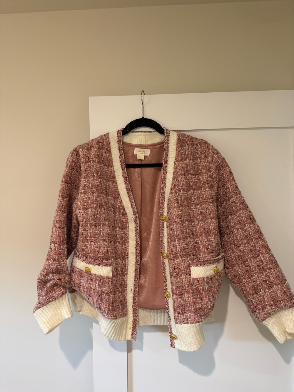 Maeve Anthropologie Tweed Knit Boxy Jacket with Cream Trim - Pink